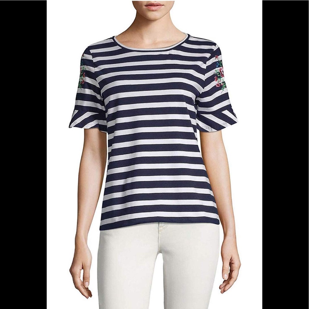 august silk Navy White Striped Tee with Floral Sleeve Embroidery